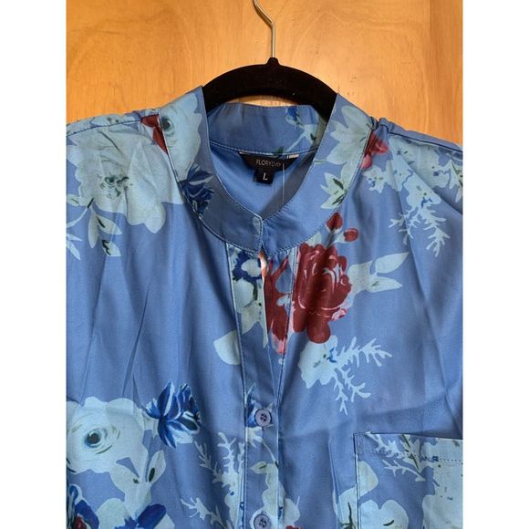FloryDay Women’s Large Floral Print  Long Sleeve Button-Up Blue  Shirt - Picture 5 of 12